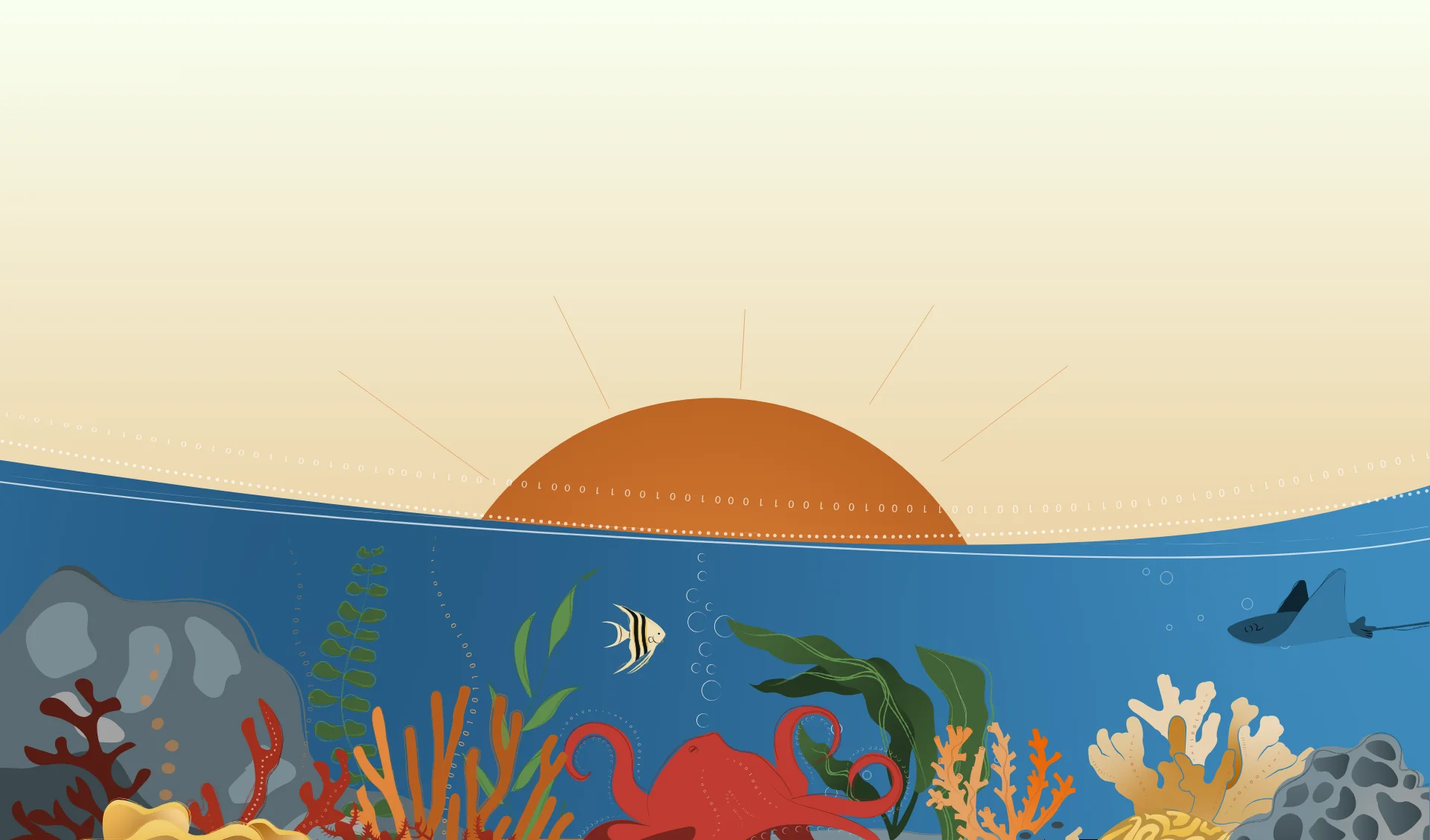 Illustration: the sun rising over an ocean full of coral, fish, an octopus and a ray