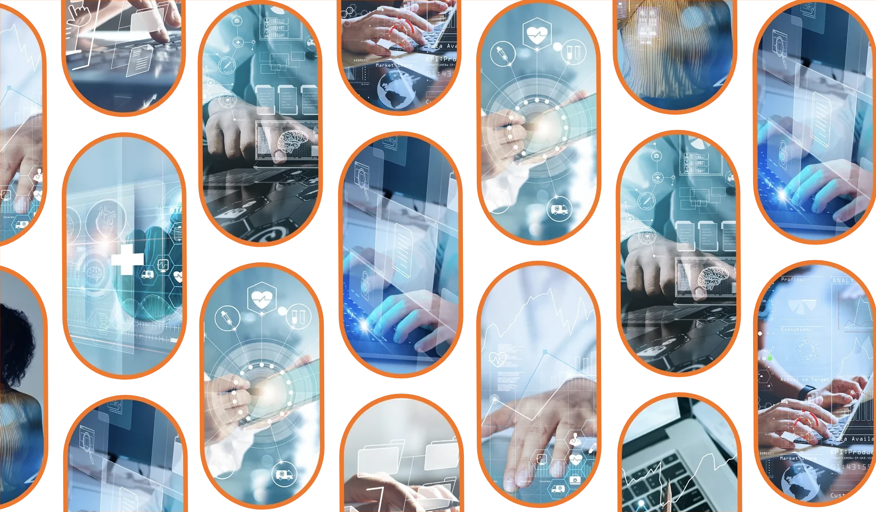 Stills from the DeepIntent video series in rounded frames: hands on keyboards, tablets and medical data