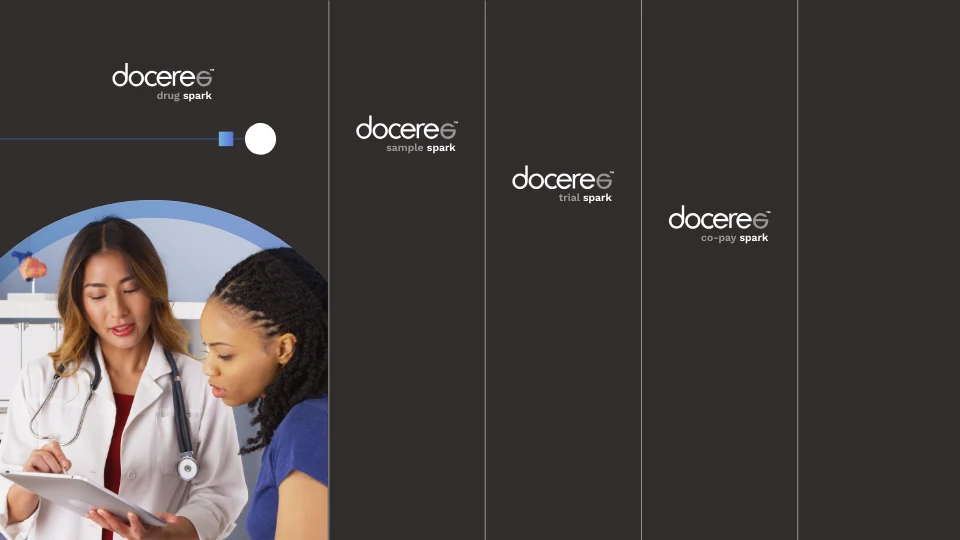 Doceree spark logos in dark columns with a clinician and patient photo