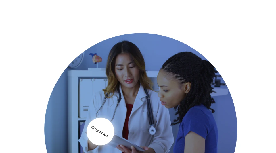 A clinician and patient in a circle with a drug spark badge