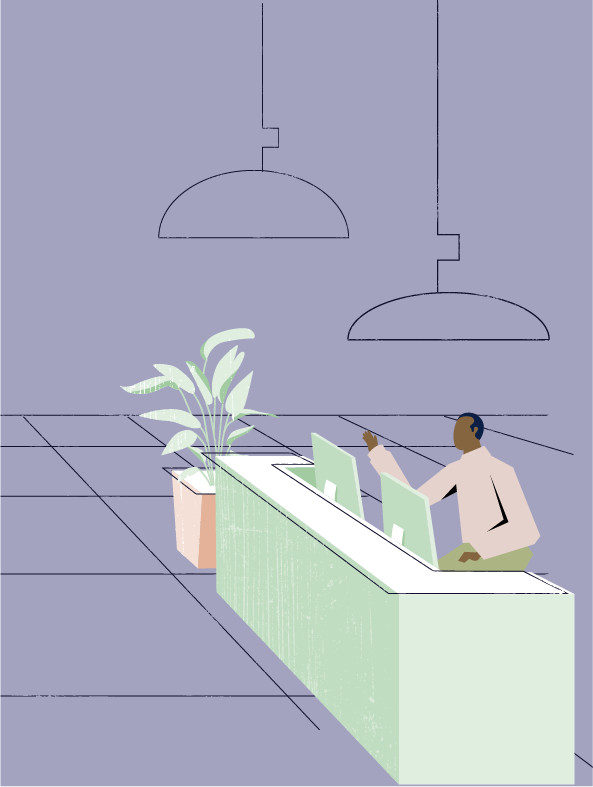 Illustration of a reception desk under hanging lamps