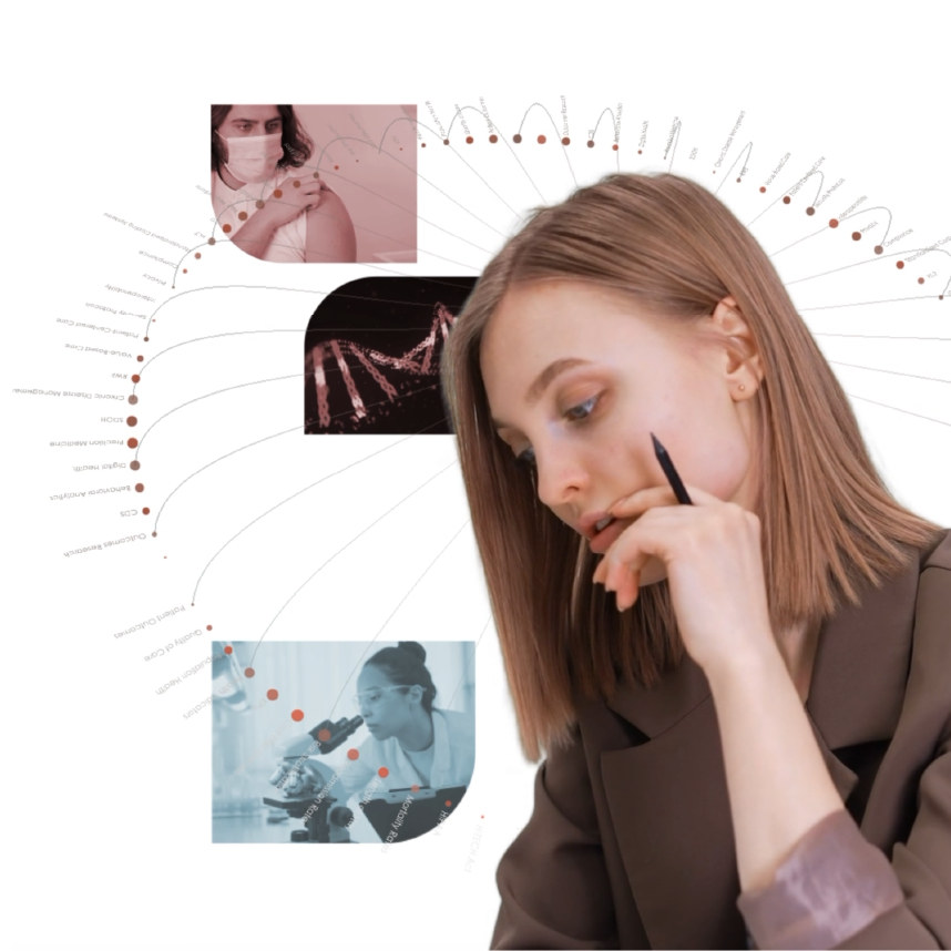 Student thinking, surrounded by research imagery