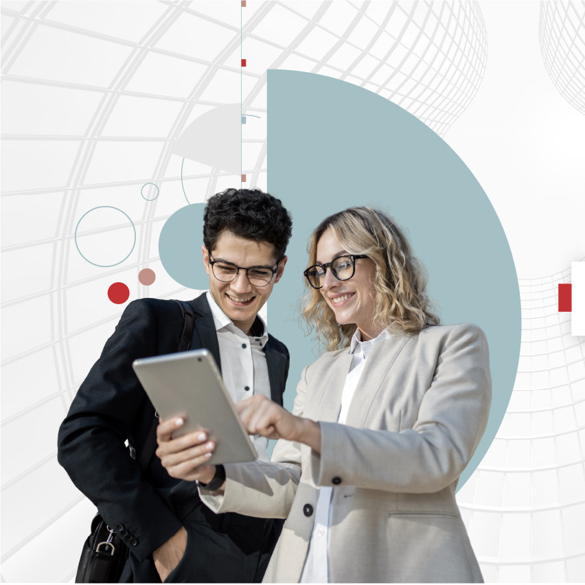 Two colleagues looking at a tablet, framed by Northeastern’s graphic shapes
