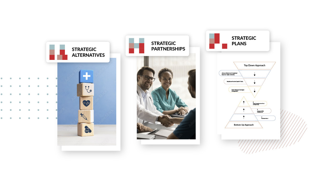 Promotional video frames: Strategic Alternatives, Strategic Partnerships, Strategic Plans