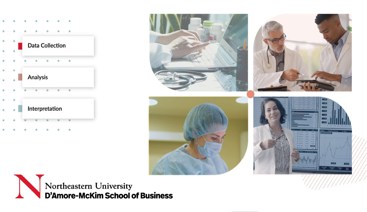 Promotional video frame: Data Collection, Analysis, Interpretation, with photos of health professionals