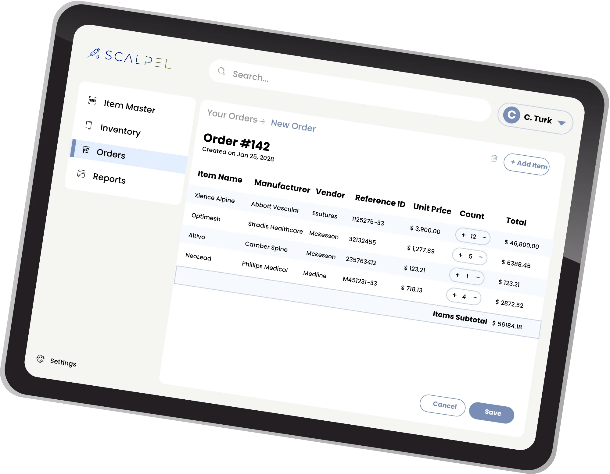 Scalpel on a tablet: a new order with items, vendors, prices and counts