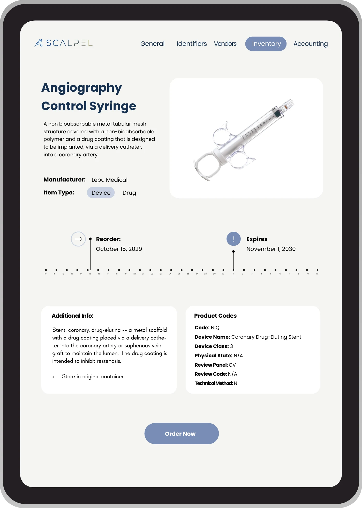 Scalpel on a tablet: the product page for an angiography control syringe, with its reorder and expiry dates and product codes