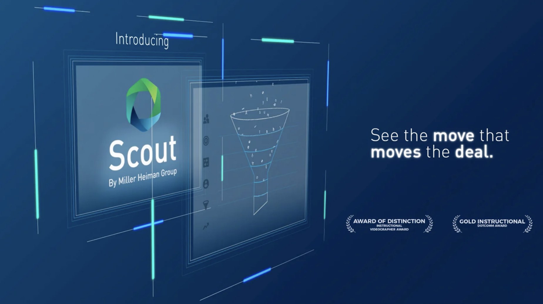 Scout branding video: the Scout logo on a glowing screen, with its two awards